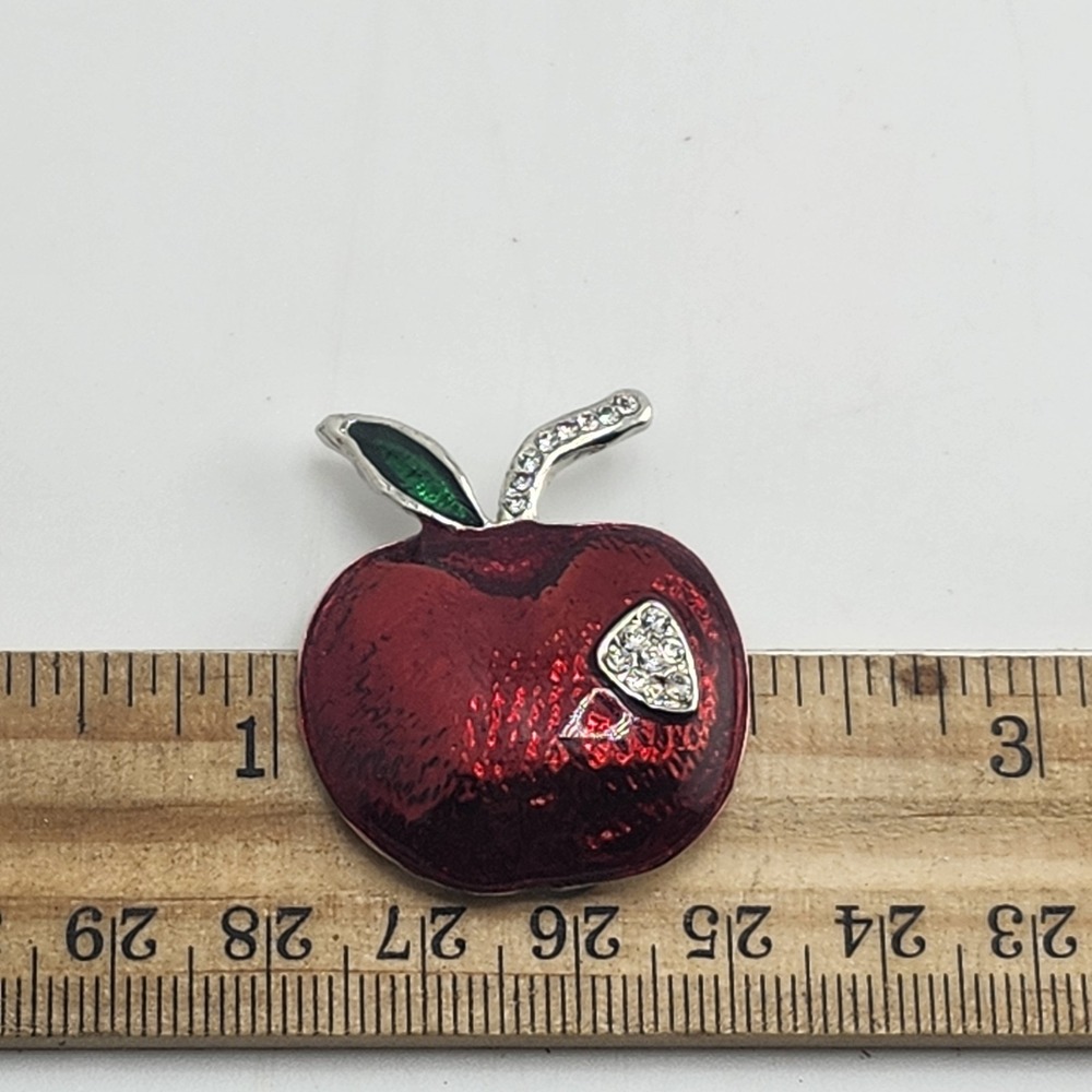 Vintage Red Enamel Apple Forbidden Fruit Rhinestone Brooch Pin Teacher - Picture 4 of 4